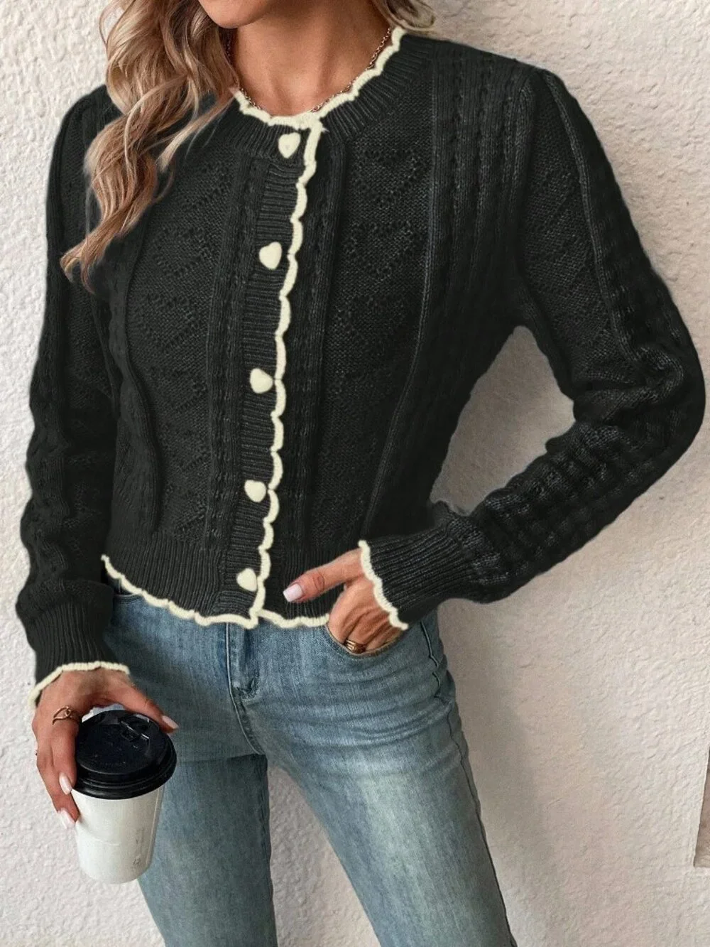 Black Casual Women's Contrast Trim Cropped Cardigan